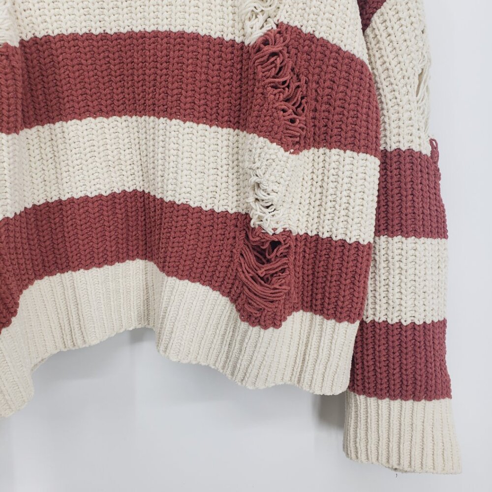 POL Distressed Striped Chenille Sweater Women M Cream Oversized Chunky Grunge - Picture 5 of 7